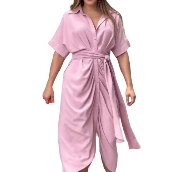 Женское летнее платье с отложным воротником на шнуровке, высокой талией и короткими рукавами, однобортное плиссированное платье макси длиной до щиколотки