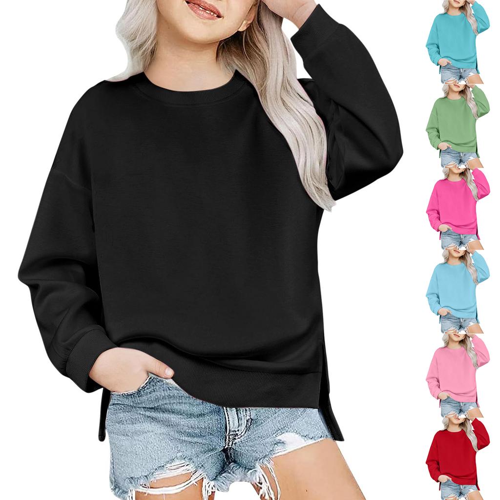 Children's Oversized Pullover Sweatshirt Girls' Round Neck Split-Front Solid Color Hoodie