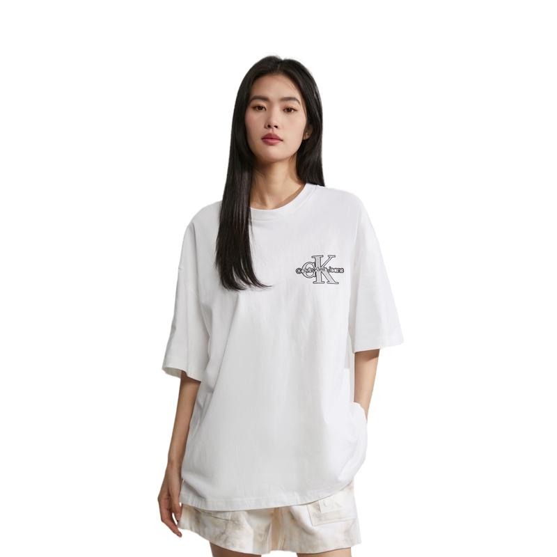 Calvin Klein Letter Print Round Neck Short Sleeve Drop Shoulder T-Shirt Unisex T-Shirt Moonlight-White J400321-YAF