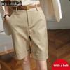 Women's Summer Shorts High Waist Knee-length Straight Pants with Belt Office Lady Khaki Black Casual Short Pants