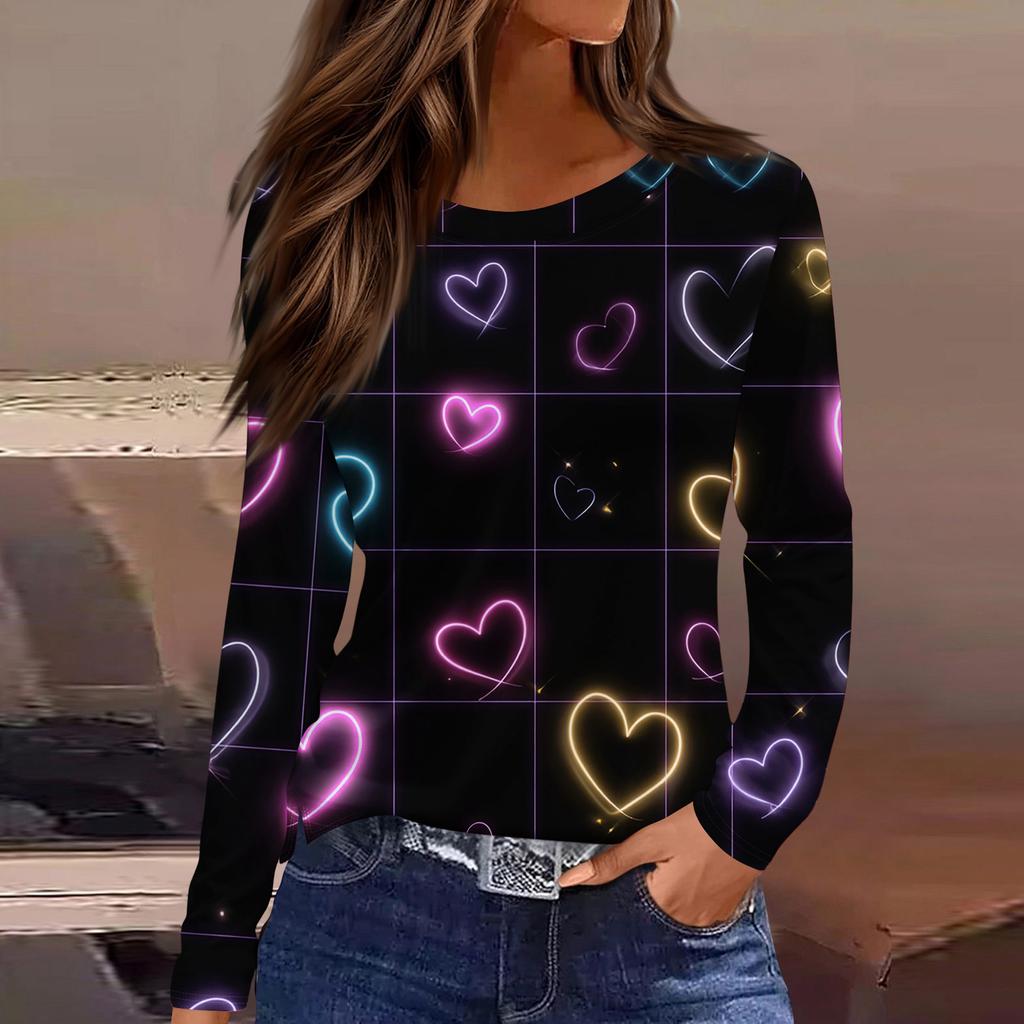 Women's Fashionable Long-Sleeved Round Neck Top with Slit Hem and Valentine's Day Heart Print