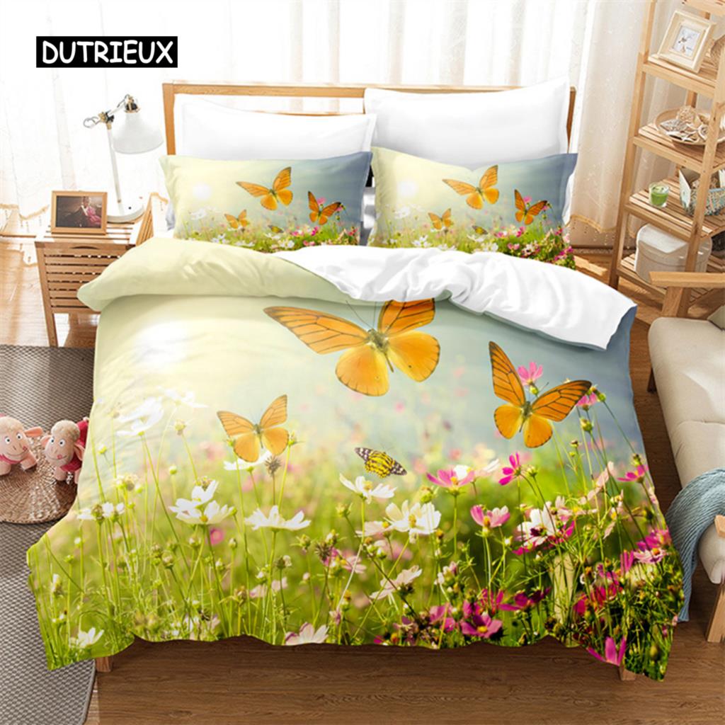 Постельное белье Butterfly Flower Queen Комплект пододеяльника Постельное белье Цифровая печать Постельное белье Королевский размер Комплект пододеяльника Комплект постельного белья