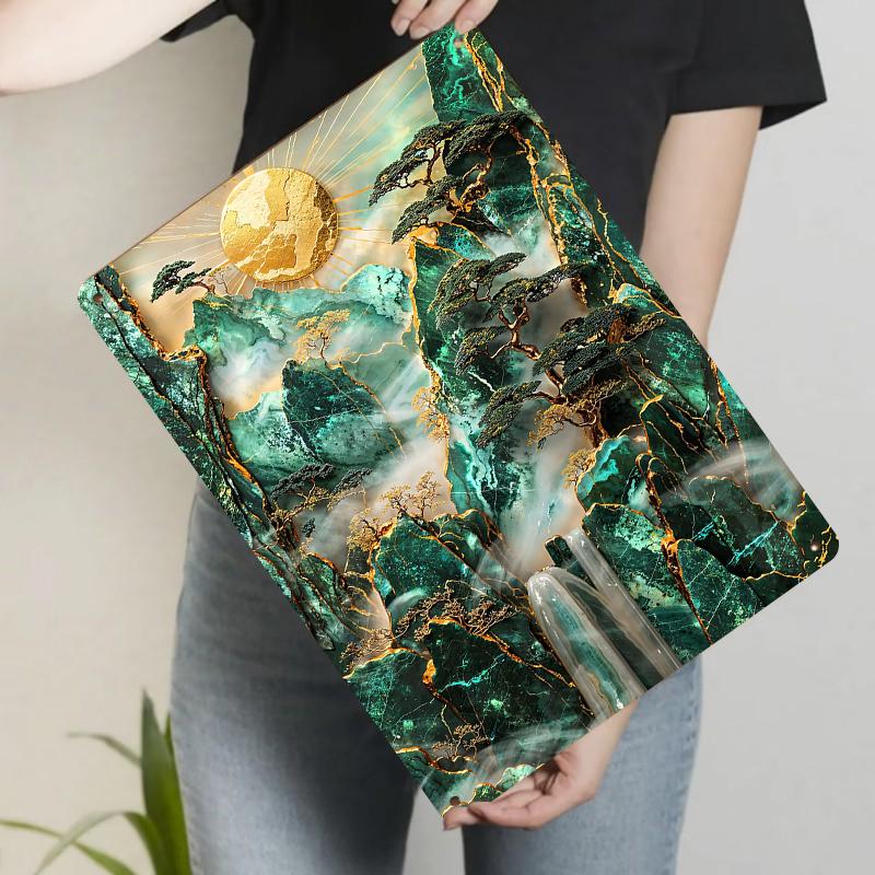 Chinese Style Emerald Green Landscape Gold Relief Metal Painting Zen Wall Art for Living Room Decor