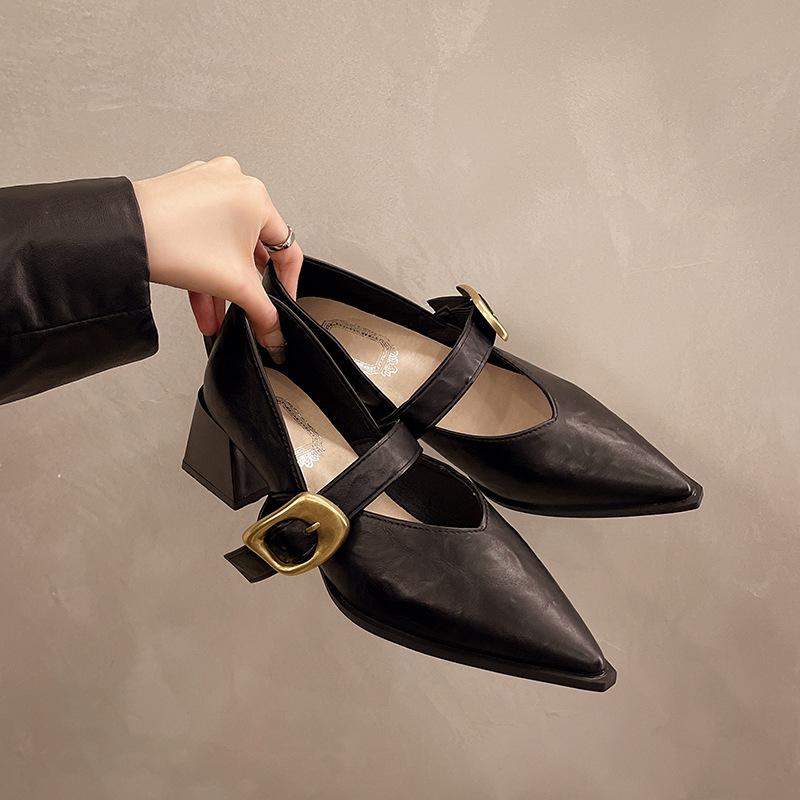 Французский вечерний бриз толстый каблук туфли на высоком каблуке женские весна и осень 2025 новые с юбкой остроносые маленькие кожаные туфли Мэри Джейн одинарные туфли