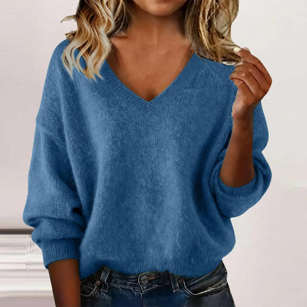 Women's Fashionable Casual Knitted Top Loose-Fit Solid-Colour Long-Sleeved Jumper