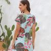 Summer Floral Printing Drawstring Dress V-neck Short Sleeve Vacation Casual Loose Fitting  Short Dress