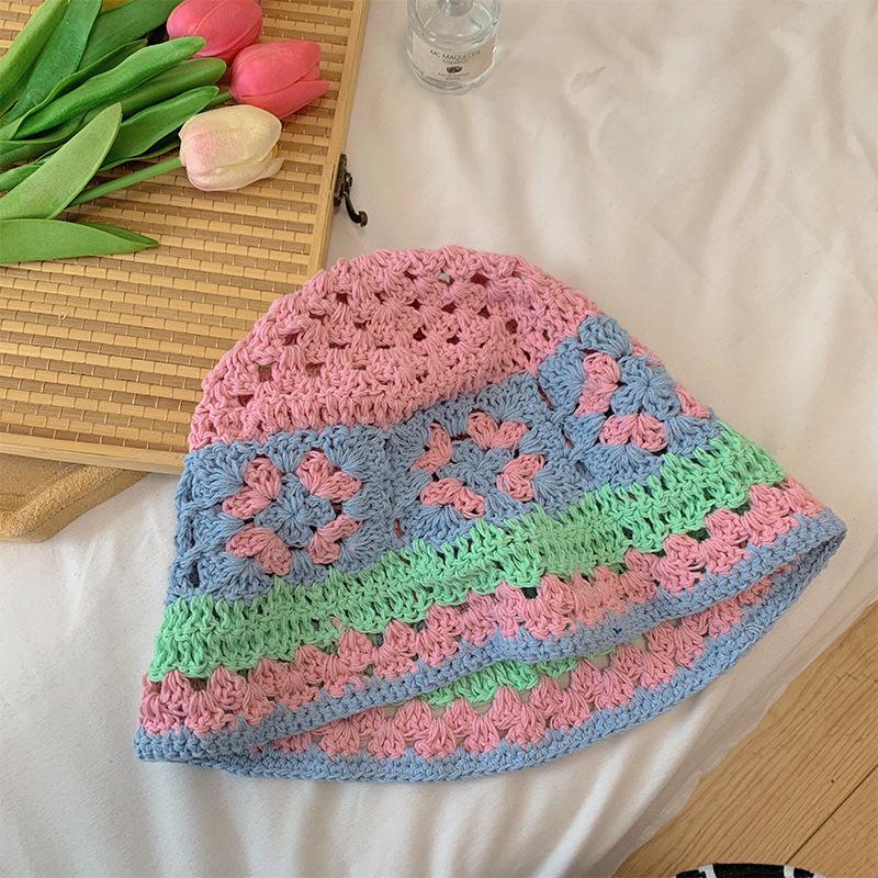 Japanese-style knitted hollow floral bucket hat for women, sweet and versatile for spring and summer, handmade large head circumference fisherman hat