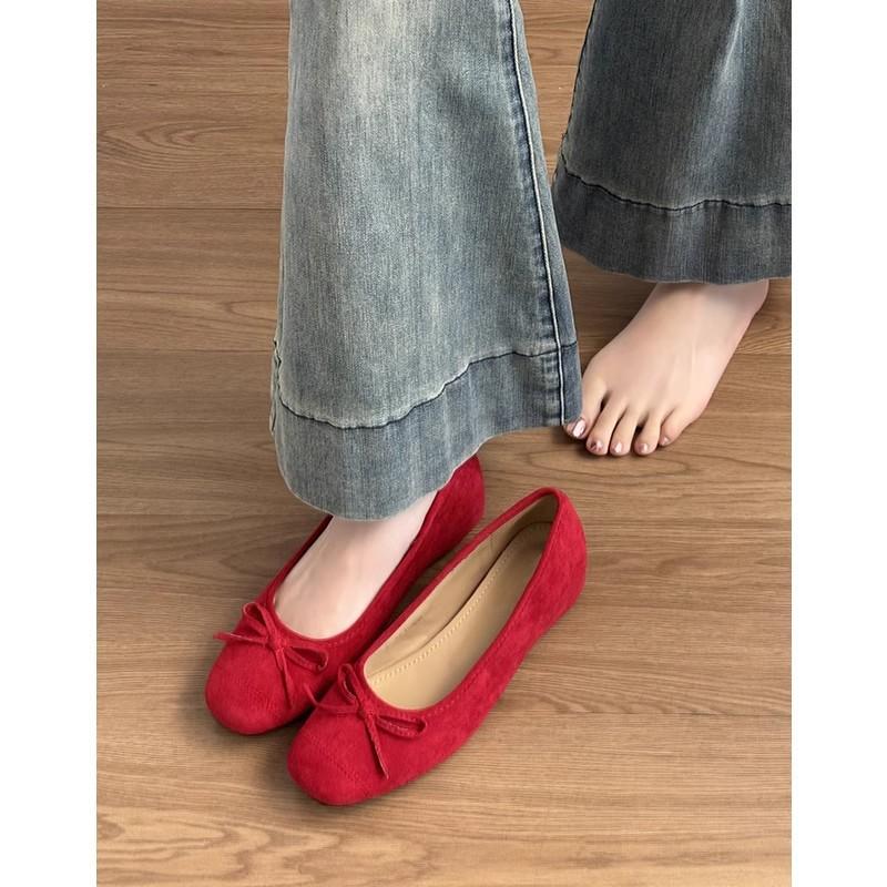 Sheepskin version~ Genuine leather spring new inner height increase ballet shoes women's gentle bow shallow mouth single shoes Doudou shoes