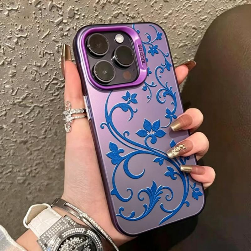 Фиолетово-синий чехол для телефона с цветочной лозой для iPhone 17 Air 16 Pro Max 16E 15 14 Plus 13 12 11 XS XR Гальванизированная серебристая задняя крышка