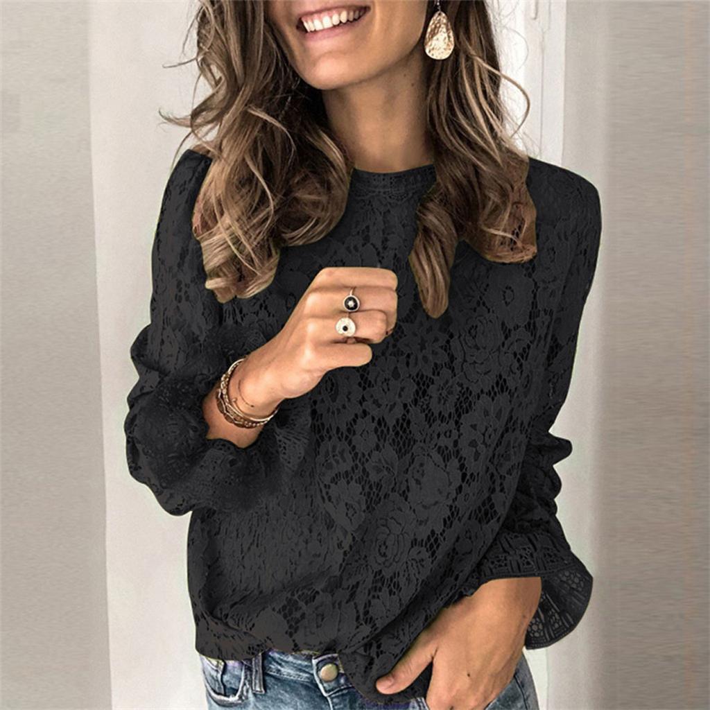 Women's Round Neck Pullover Solid Color Pagoda Sleeve Long Sleeve Hollow Lace Shirt