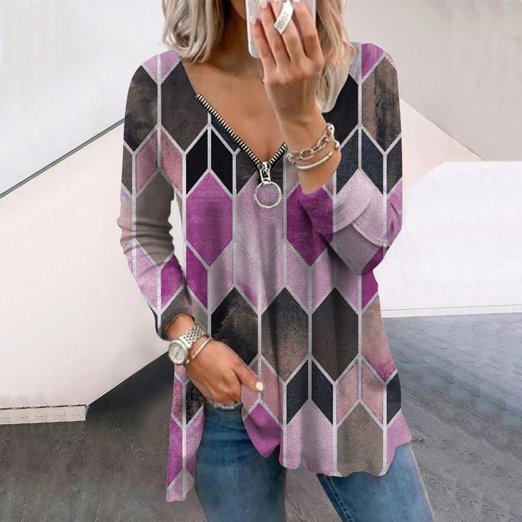 Женские осенние футболки с длинным рукавом и геометрическим принтом в форме ромба, свободные футболки с V-образным вырезом больших размеров, удобные блузки