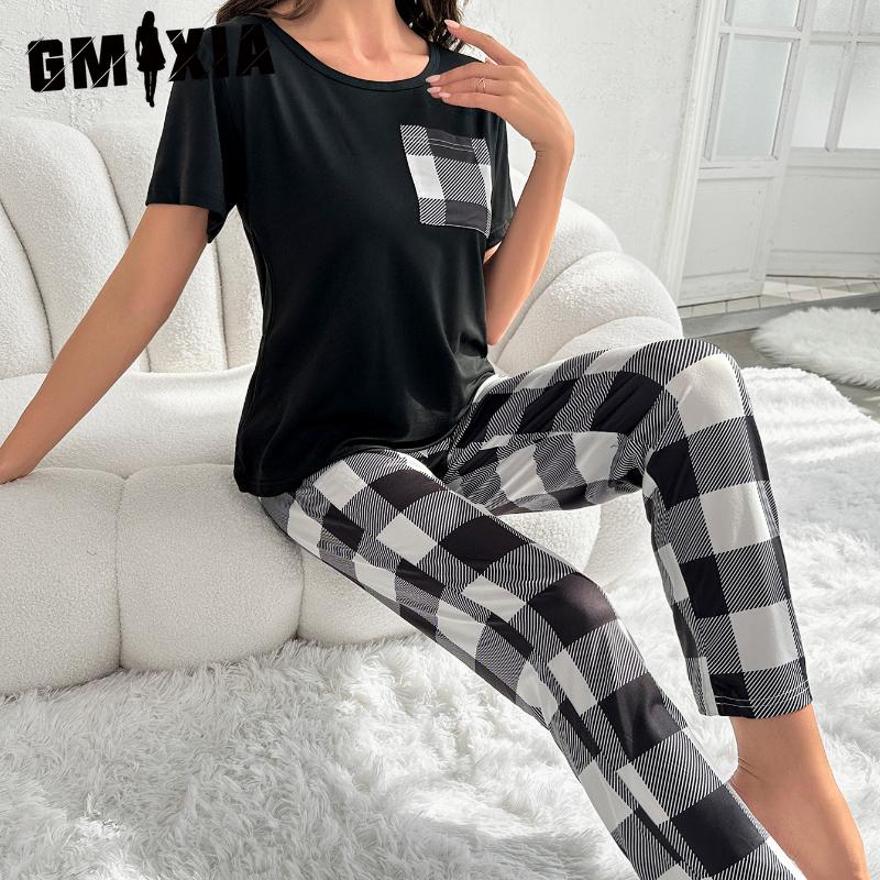 GMXIA Women's Plaid Homewear Pajamas Two Piece Set with Pockets Casual Comfortable Wearable Thin Pajamas