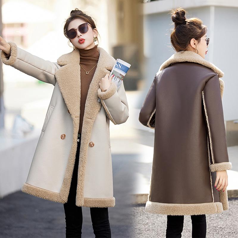 Женское универсальное пальто из замши ягненка, зимнее бархатное утолщенное пальто средней длины с мехом ягненка