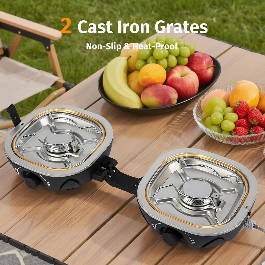 Пропановая походная плита 20 000 БТЕ - 2-конфорочная портативная газовая плита с регулируемым пламенем, пьезоподжигом, сумкой для переноски и шлангом, складная