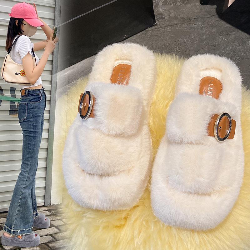 Fashion 2024 New Summer Square Toe Solid Color Belt Buckle Decoration Thick Sole Fashion Fur Slippers Indoor Home Casual Floor Slides