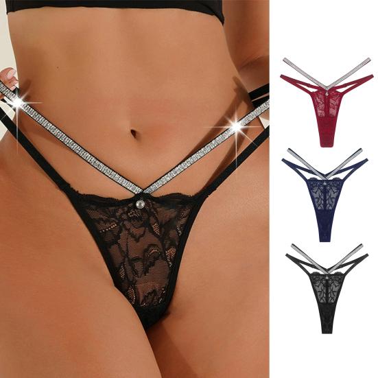Women G-string Shiny Sequin Contrast Color Hollow Out See-through Adjustable Straps