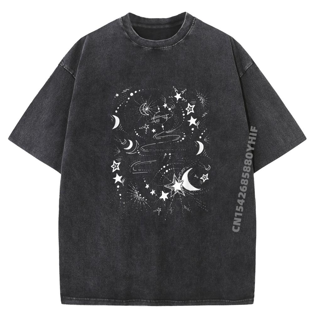 Starry Universe Illustration Moon Stars Geek Female Tees Printed T-Shirt Retro Washed Clothes Graphic T-shirt Man