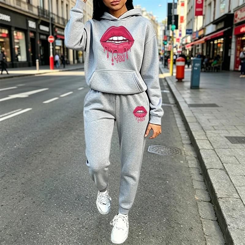 Stylish Fleece-Lined Thickened Men's Sports Suit, Printed Casual Hooded Sweatshirt Two-Piece Set, High-Quality Street Style for Autumn and Winter