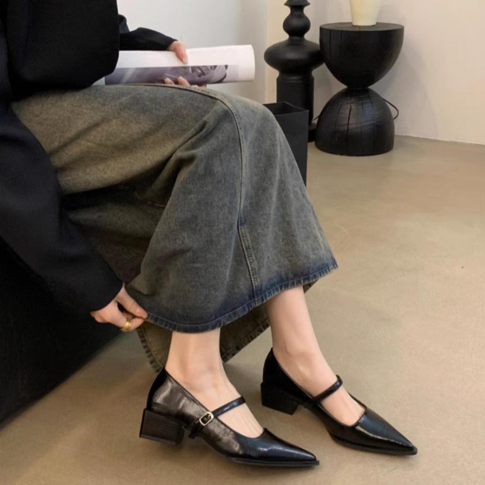 Туфли Мэри Джейн в стиле ретро с острым носком Женские из мягкой кожи с надписью с легким вырезом на толстом каблуке Одинарные туфли Женские туфли на высоком каблуке