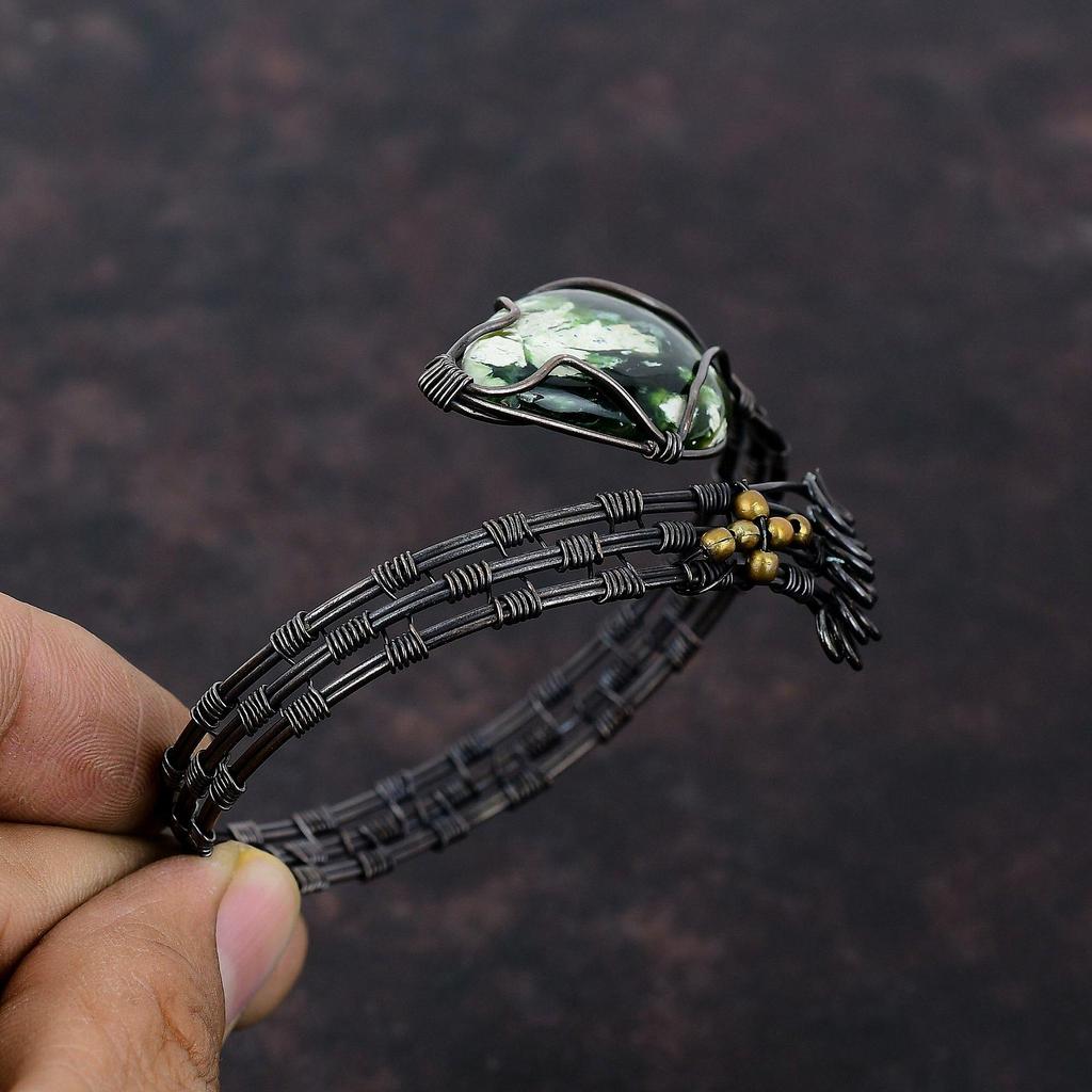 Браслет из австралийского хрома и халцедона с драгоценными камнями, регулируемый браслет-манжета, обмотанный медной проволокой, браслет ручной работы, медные ювелирные изделия, подарок для него