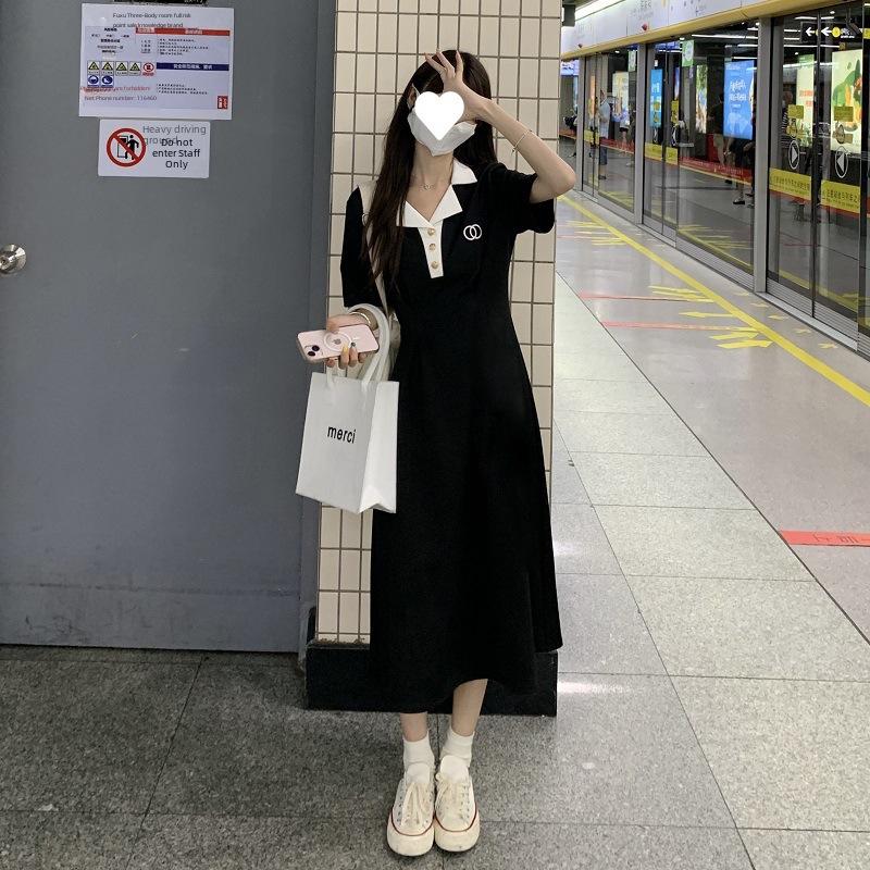 Лето 2025 женское черное платье средней длины с французским воротником-поло - Niche Design