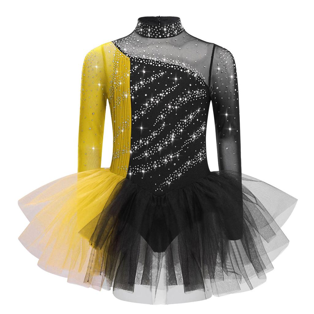 Платье для фигурного катания для девочек, длинный рукав, сверкающие стразы, цветной блок, пэчворк, костюм для сценического выступления