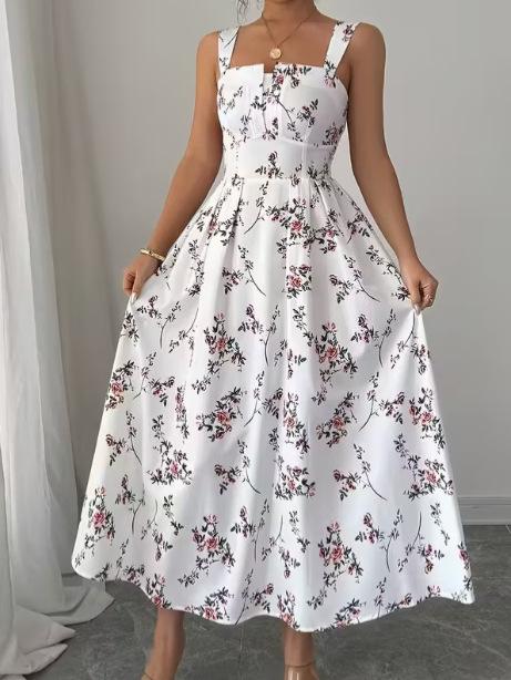 2026 Spring Floral Sleeveless Maxi Dress Sweet Cinched Waist Casual Long Dress