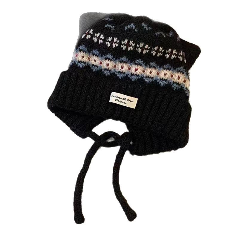 Шляпа-ушанка в стиле Fair Isle, милая и очаровательная, с кошачьими ушками, вязаная ушанка, женская зимняя, утолщенная, с бархатом, теплая, шапка Лей Фэна