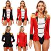 Womens Ringmaster Bodysuit Circus Role Play Costume Long Sleeve Color Block Patchwork Design Skirted Jumpsuit