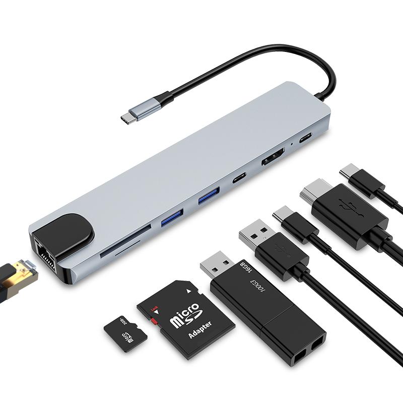 Hot Sale hdmi Hub 8 in 1 Multiport Adapter 4K HDMI SD/TF Reader 2PD100W 2USB3.0+RJ45 100Mbps Ports Durable 4K HDMI USB C Hub