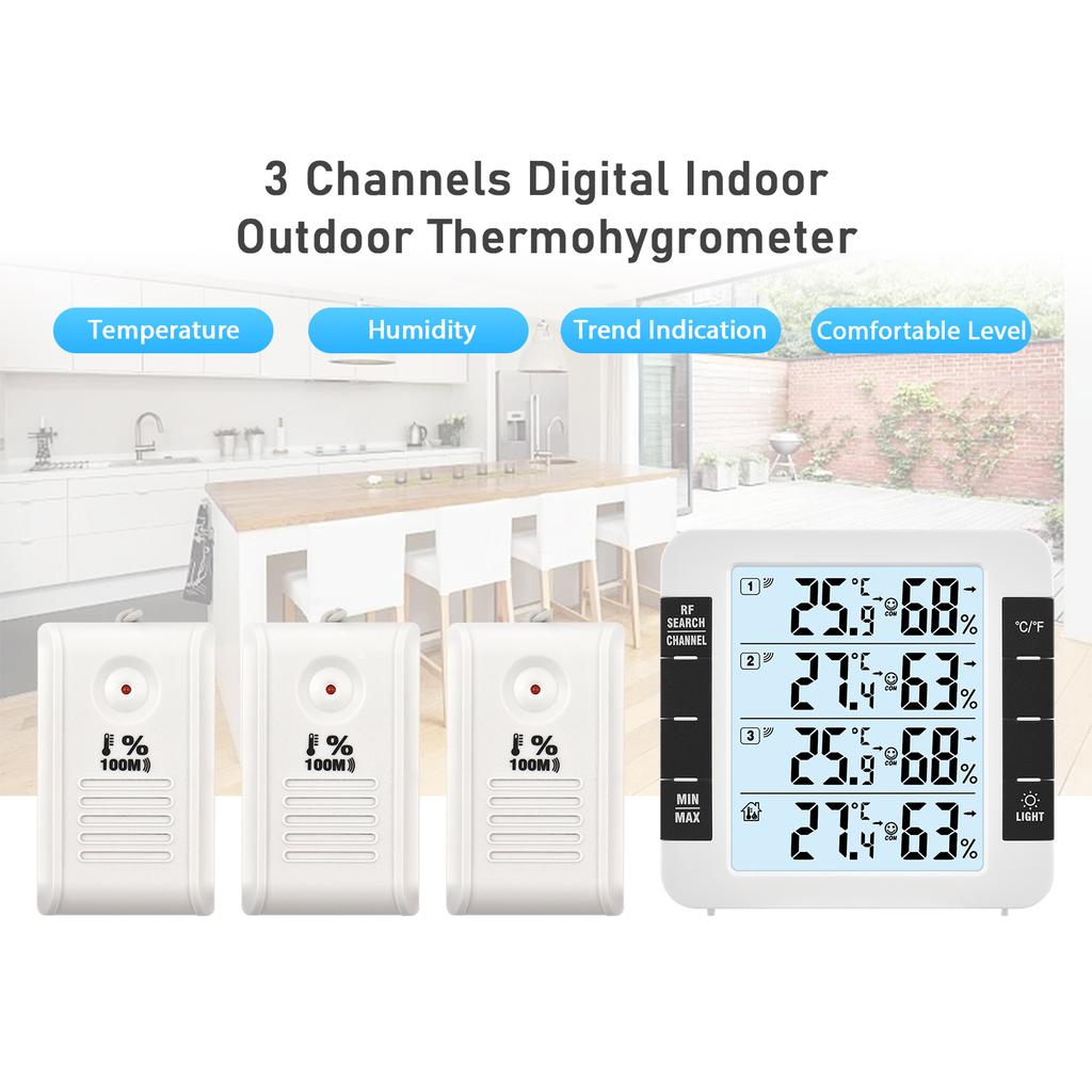 3-канальный цифровой термогигрометр для использования в помещении и на открытом воздухе с дистанционным датчиком, подсветка 328 футов/100 м
