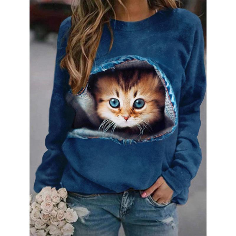 Cartoon Cat Print Pattern Casual Round Neck Long Sleeve T-Shirt