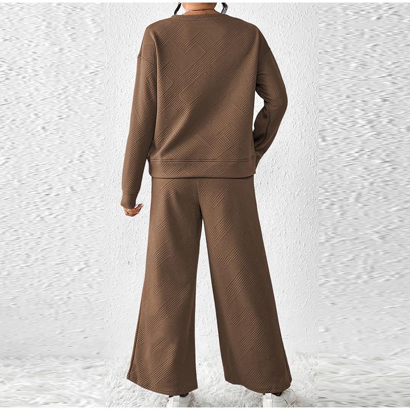 Autumn Women's Pure Color Wide Leg Pants Set Long Sleeved Round Neck Pullover Drawstring Pants Female Suit