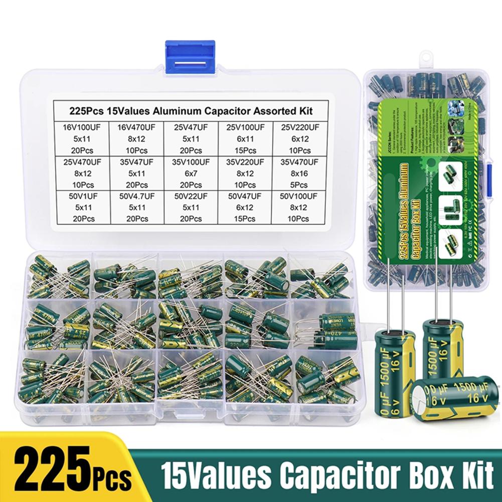 15Values 225pcs Electrolytic Capacitor Assortment Kit High Frequency Low ESR Aluminum Electrolytic Capacitor for DIY Projects