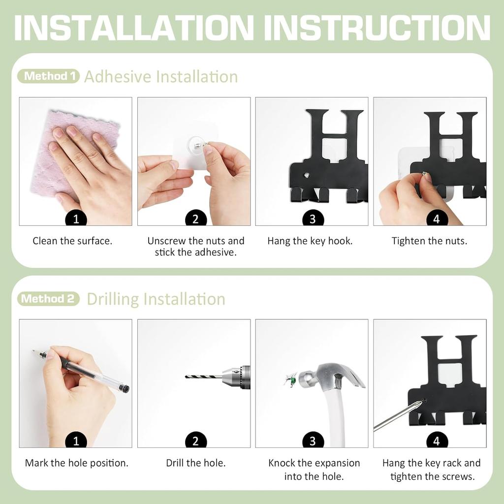 Настенный держатель для ключей, Металлический крючок для ключей на клейкой основе с 6 двойными крючками, 2 способа крепления, Черный