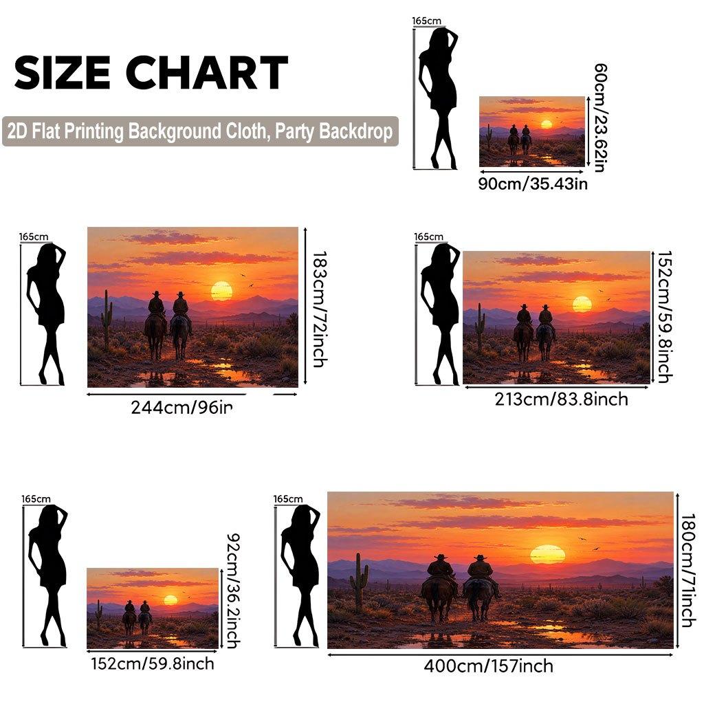 1 piece of 2D flat background fabric banner depicting a rider enjoying the sunset backdrop in the desert suitable for parties