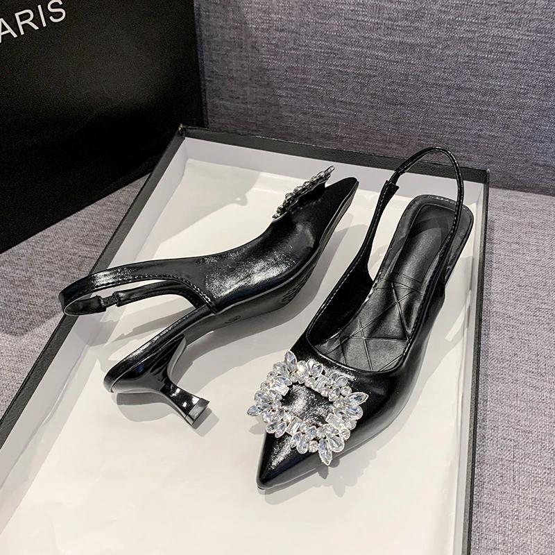 Модные летние туфли на каблуке для женщин, украшенные стразами, с острым носком, на тонком каблуке, женские туфли с открытой пяткой, сексуальные туфли для вечернего платья, женские туфли на высоком каблуке