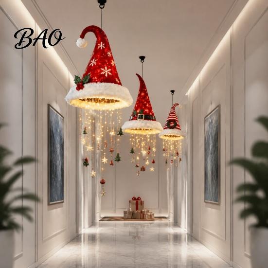 Indoor Living Room Ornaments Christmas Hat Hanging Lantern, Glowing Santa Cap Decorative Light with LED String Holiday Party Decorations And Pendants,