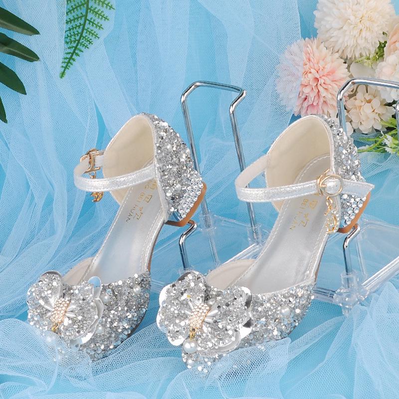 New Arrival: Girls' Crystal Bow High Heels - Shiny Princess Shoes for Piano Performances, Leather Material