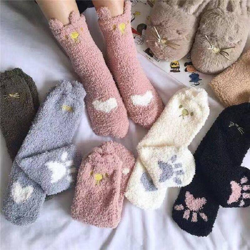 3/5 Pairs Winter Women Warm Socks Fluffy Plush Sleep Soft Cozy Girls Cute Cartoon Floor Socks
