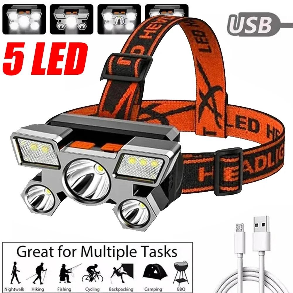 6000LM Outdoor High Brightness 5LED Headset Flashlight Outdoor Household Portable USB Rechargeable Fishing Miner Lamp Strong Headlight