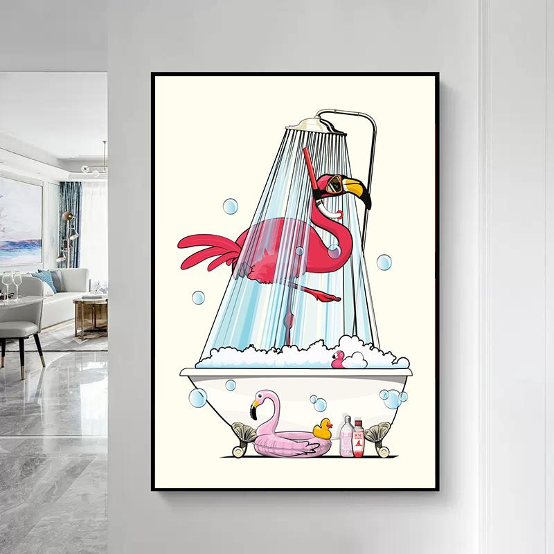 Забавный розовый фламинго с головой в туалете, постеры, холст, картина, скандинавское животное, настенная художественная картина для современной ванной комнаты, украшение для дома