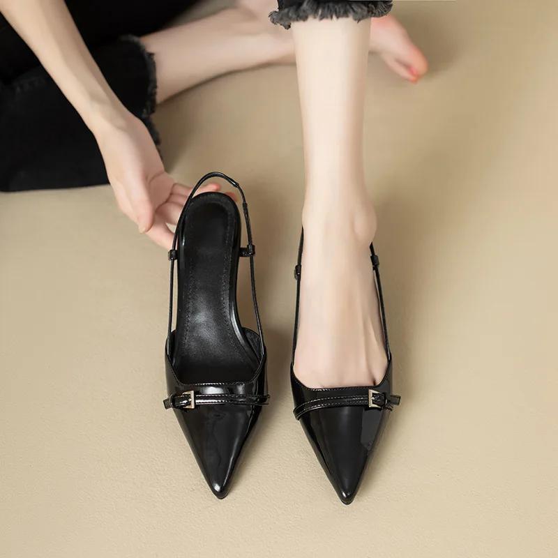 Sexy Women Sandals Low Heels Pointed Toe Ladeis Shoes for Women Designer Slingback Shoes Patent Leather Sandals Wedding Shoes