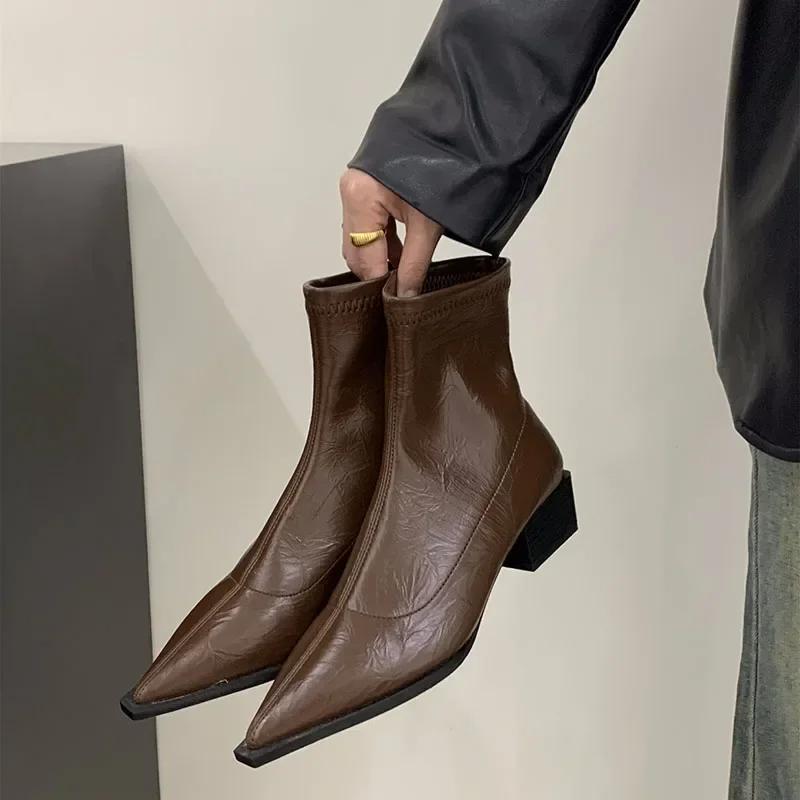 Женские узкие ботильоны с острым носком, модные женские элегантные ботильоны на квадратном низком каблуке с застежкой-молнией сзади, женская обувь