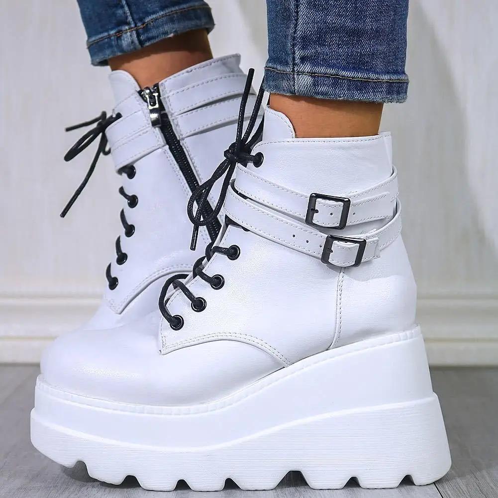 Fashion Women Punk Gothic Motorcycle Boots 2024 Platform Chunky High Heel Ankle Boot Ladies Cool Wedge Botas Mujer Female Shoes Big Size