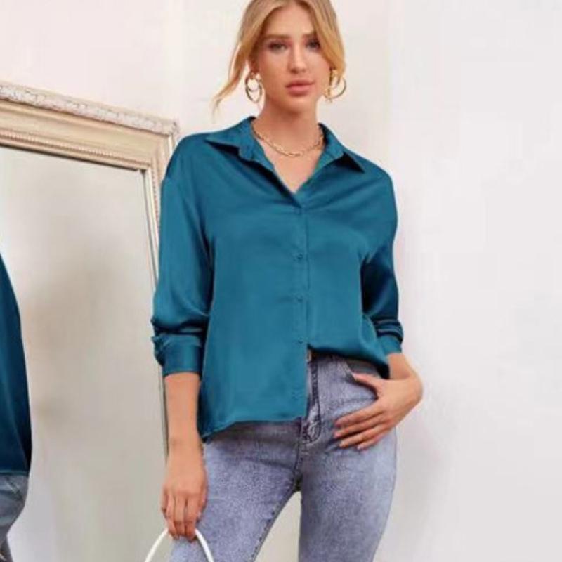 Модные повседневные свободные рубашки с длинным рукавом для женщин, весна и лето, новые офисные женские блузки, топы с пуговицами на лацканах, однотонные простые тонкие женские рубашки 26257