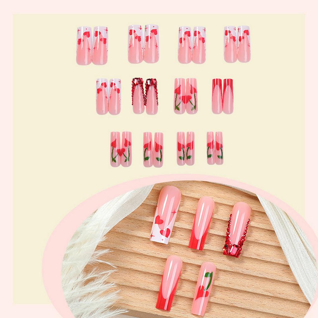 24Pcs French Fake Nails with Cherry Heart Design Fashionable Sweet And Cool Style Manicure for Woman