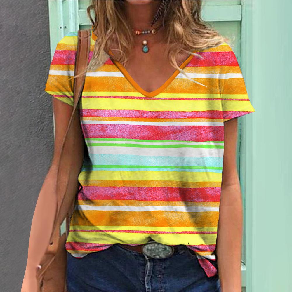 2024 Women T Shirt Summer Rainbow Print T-Shirt Plus Size Women's Clothing Oversized Designer Short Sleeve Shirt Women V-neck