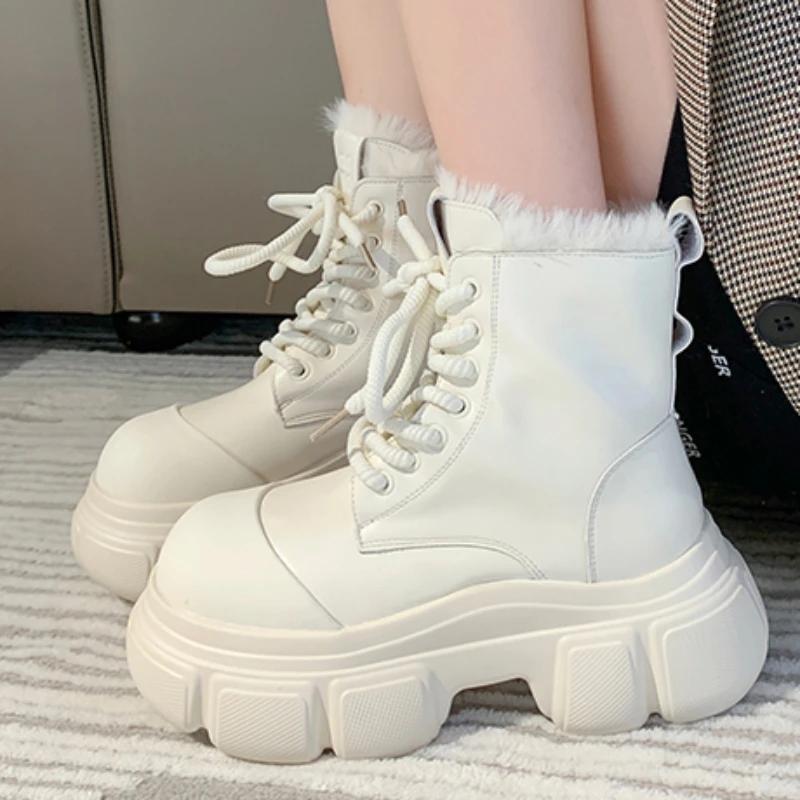 Обувь для женщин 2024 года, горячая распродажа, женские ботинки на шнуровке, зимние, с круглым носком, сплошные, плюшевые, теплые, на платформе, водонепроницаемые, модные, голые ботинки