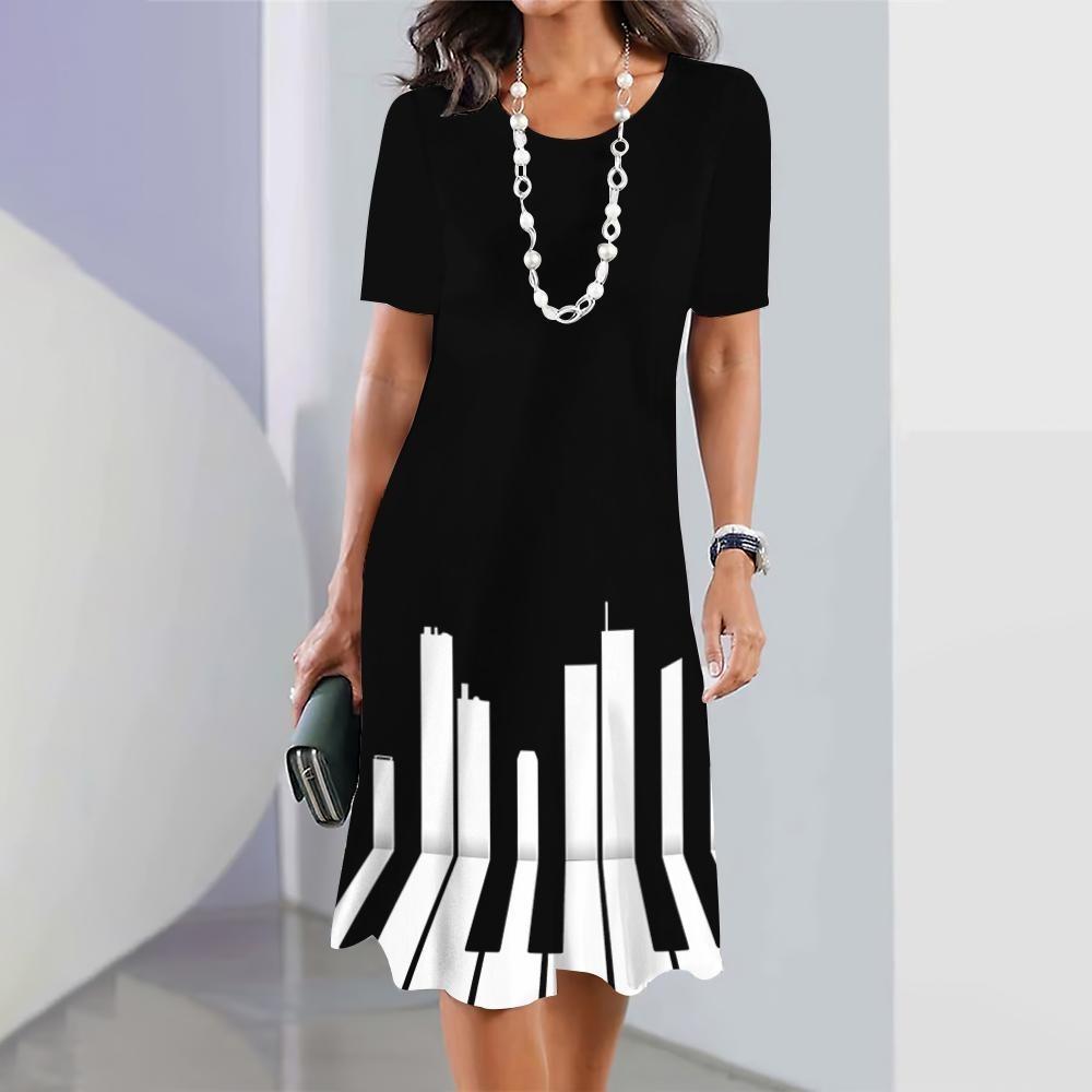 Черно-белый принт с музыкальными нотами, летнее новое женское платье, элегантное платье, женское модное платье миди, большие размеры для женщин